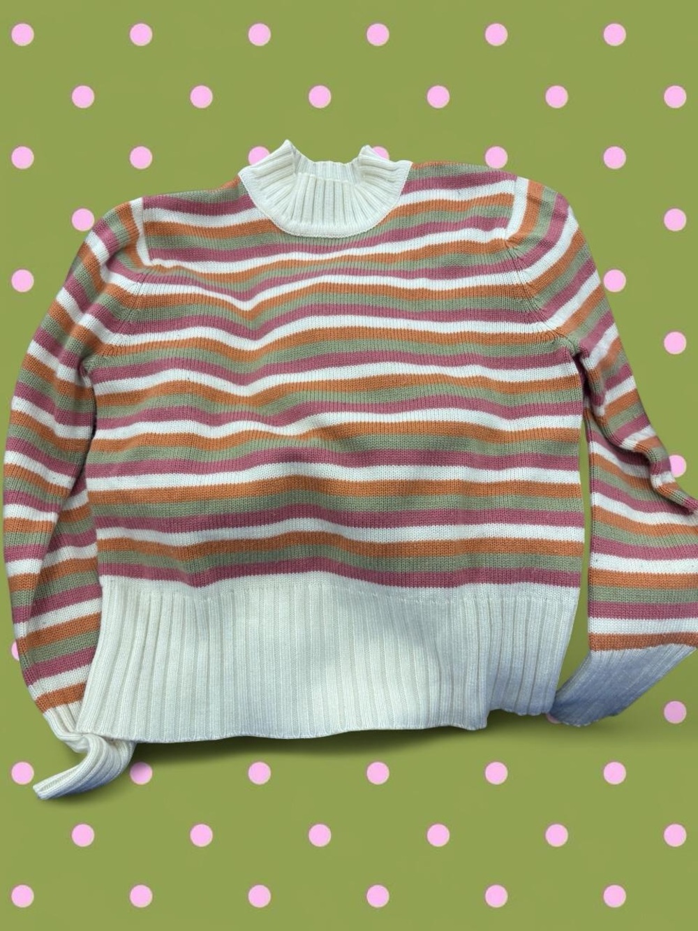 Norton McNaughton Striped Cowl Sweater in White, Pink, Green & Tan